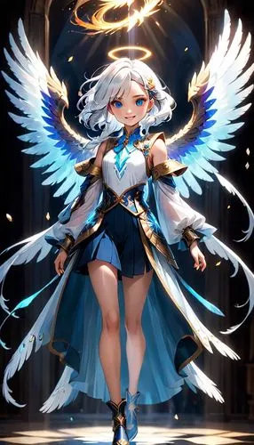 On her back, she has a pair of big iridicent wings that unfold elegantly, their feathers are edged with a ligth hue that reflects an unearthly light. These wings, while beautiful, have an appearance o