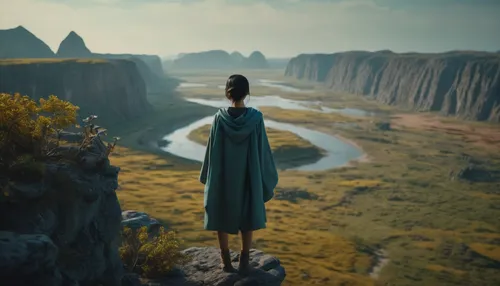 Ye Wenjie standing on a cliff, overlooking a beautiful alien landscape，Serene and hopeful,girl in a long dress,girl in a long dress from the back,overlook,landscapes beautiful,wanderer,the horizon,elb