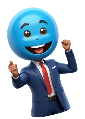 Slack emoji, 3D illustration, colorful, rounded edges, shiny surface, metallic texture, detailed facial expression, smiling face, blue skin tone, cartoonish style, dynamic pose, floating in mid-air, s