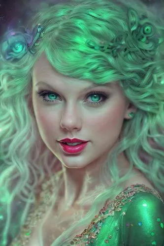 Taylor Swift in a green dress extremely detailed professional photography of (((an ethereal spirit))) with a mischievous smile and glowy eyes. Otherworldly creature, magical scene, an incredibly beaut