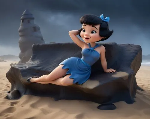 premiada foto realista de Betty Rubble, da era dos homens das cavernas, Os Flintstone, idade da pedra, de corpo Pernas grossas, Lindas e torneadas, cabelo curto, laço de cabelo, na praia, vestindo um 