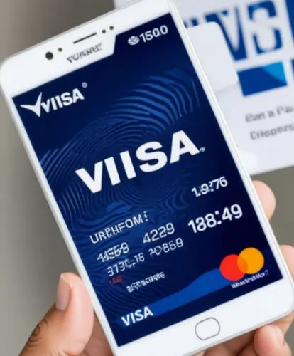 the person holding up a cell phone that is displaying a visa card,visa,visa card,visas,microcredits,passbook,virusscan