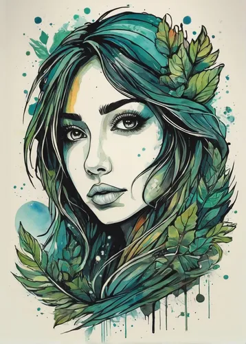 dryad,boho art,flora,poison ivy,illustrator,digital illustration,fantasy portrait,mermaid vectors,leaf drawing,natura,digital art,anahata,faery,artemisia,menta,watercolor leaves,vector illustration,hand-drawn illustration,watercolor women accessory,faerie,Illustration,Realistic Fantasy,Realistic Fantasy 23