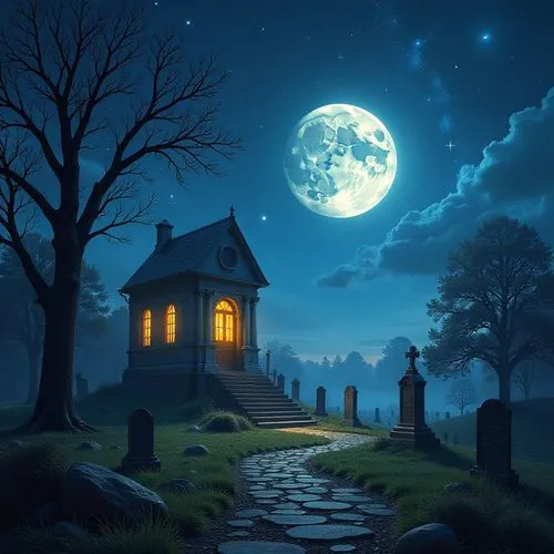 lonely house,fantasy picture,moonlit night,witch's house,haunted house,halloween background,Conceptual Art,Sci-Fi,Sci-Fi 11