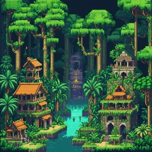 tropical island,tropical jungle,pixel art,tropical forest,neotropical,rainforest,fairy village,ancient city,jungle,oasis,lagoon,mushroom island,bird kingdom,java island,gondwanaland,rainforests,zanzibar,kanaloa,kanawa,tropicale