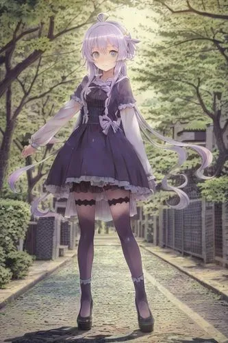 1girl, yukine chris, full body, solo, ahoge, very long hair, thighhighs, dress, purple eyes, twintails, looking at viewer, long sleeves, black legwear, standing, frills,sakuya,hatata,takane,nep,sachik