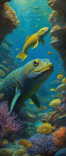 Imagine a heartwarming story of a moray eel befriending a curious fish in an enchanting underwater paradise.,anodorhynchus,acanthorhynchus tenuirostris,coelacanth,lissotriton,marine reptile,chroicocep