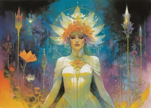 kundalini,amano,solar plexus chakra,priestess,aura,sacred lotus,lotus with hands,golden crown,mantra om,star mother,earth chakra,lotus,fantasia,sorceress,anahata,the enchantress,rusalka,crown chakra,horn of amaltheia,astral traveler,Illustration,Paper based,Paper Based 12