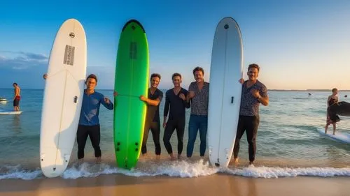 four men in wet suits holding their surfboards and posing for a po on the beach,surfboards,surfers,surfaris,surfcontrol,surfboard,standup paddleboarding,surfs,surfwear,bodyboard,swamis,tugun,surf,surf