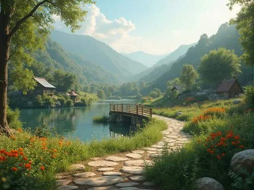 landscape background,fantasy landscape,beautiful landscape,river landscape,meadow landscape,alpine landscape,nature landscape,home landscape,hiking path,mountain spring,mountain landscape,idyll,landscape nature,salt meadow landscape,idyllic,mountain valley,mountain village,mountain scene,mountain meadow,wooden bridge,Photography,General,Realistic