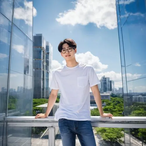 Summer intern, young adult, male, short hair, glasses, casual wear, white T-shirt, denim jeans, sneakers, holding blueprint, standing, modern architectural building, glass facade, steel structure, urb