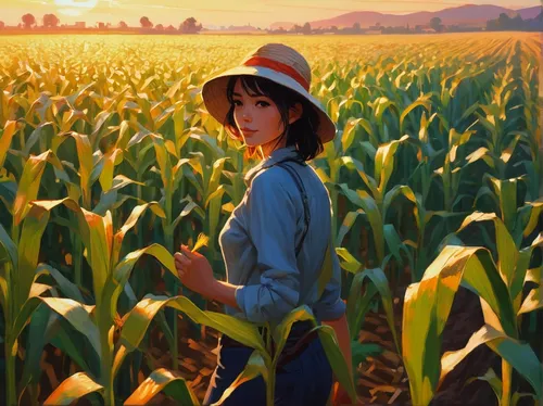 grant wood,corn field,woman of straw,field of cereals,farmer,maize,cornfield,girl with bread-and-butter,farm girl,corn ordinary,straw hat,yamada's rice fields,in the field,corn,agricultural,melodica,fields,crops,agroculture,cultivated field,Conceptual Art,Fantasy,Fantasy 19