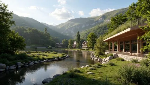 rivendell,rendalen,alpine village,house in the mountains,render,cryengine,tarentaise,grandval,oberland,3d rendering,riverwood,alpine landscape,house in mountains,riftwar,cauterets,mountain settlement,mountain valley,3d rendered,idyllic,chalet