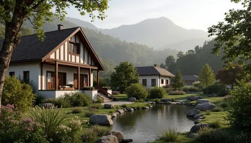 house in the mountains,house in mountains,alpine village,summer cottage,hameau,house with lake,house by the water,oberland,home landscape,chalet,alpine landscape,swiss house,the cabin in the mountains,cottage,render,country cottage,mountain huts,beautiful home,idyllic,talloires