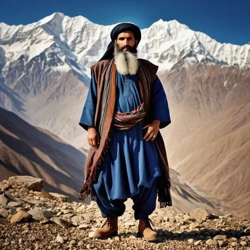 A person with long beard and no moustaches and long hair in Afghan culture with brown eyes and confident looks.Standing in the vast mountains with timberland shoes on and wearing Afghani dress 
,man s