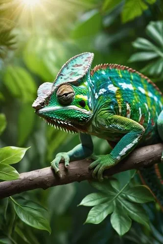 Chameleon, green skin, vibrant scales, long tongue, perched, branch, jungle, tropical, leafy background, warm sunlight filtering through leaves, detailed texture, realistic eyes, subtle facial express