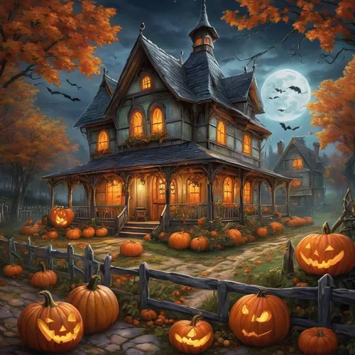 haunted house night pumpkin patches for Halloween, the snapshot aesthetic, louis aston knight, hyperrealistic murals, detailed costumes, cranberrycore, cottagepunk ,halloween illustration,halloween ba