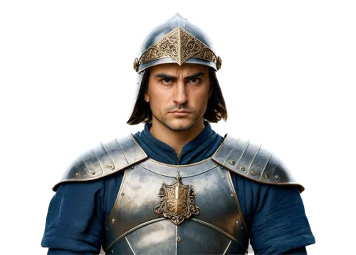 Historical figure, ancient warrior, bronze armor, helmet with crest, muscular body, holding sword, serious facial expression, detailed eyes, bushy eyebrows, medieval background, warm lighting, 3/4 com