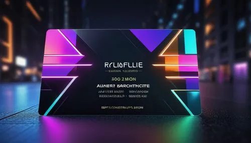 Modern architecture, business card design, 3D rendered, metallic texture, reflective surface, minimalist style, bold font, sleek lines, futuristic theme, neon lights, cityscape background, night scene