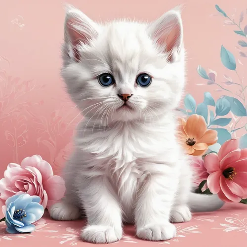 blossom kitten,cute cat,flower cat,white cat,birman,blue eyes cat,doll cat,kitten,cute animal,cute animals,turkish angora,cat with blue eyes,little cat,scottish fold,cat kawaii,flower background,kitten baby,pink cat,kitten willow,flower animal,Illustration,Black and White,Black and White 29