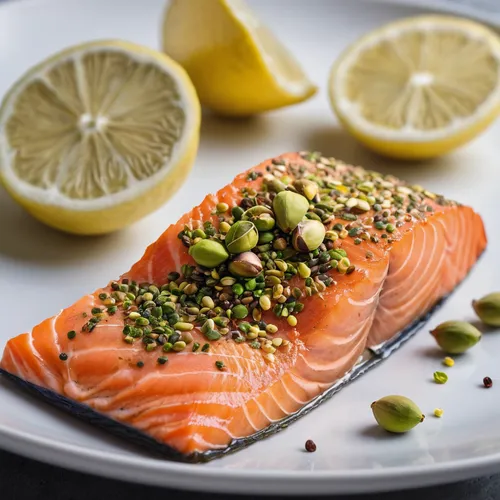 A slice of salmon with pistachio seasoning on a plate,salmon fillet,salmon,arctic char,omega3,wild salmon,mediterranean diet,salmon-like fish,sockeye salmon,smoked salmon,food photography,high fat foo