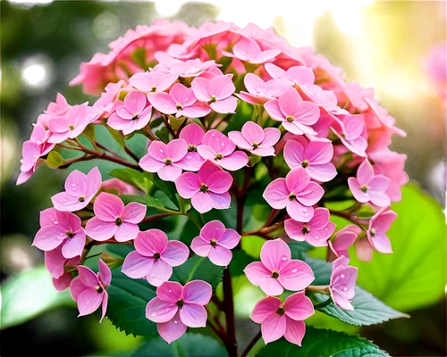 Delicate hydrangea flowers, soft pink petals, green stem, leafy background, shallow focus, warm natural light, 3/4 composition, macro shot, bokeh effect, morning dew drops, gentle breeze, vibrant colo