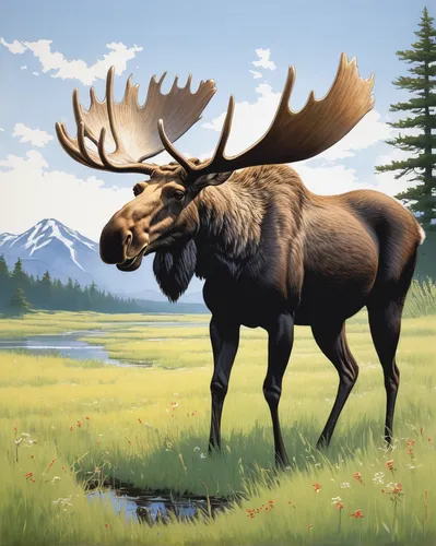 Describe a majestic moose peacefully grazing in a serene meadow.,bull moose,elk,elk bull,moose,bull elk on lateral moraine,elk reposing on lateral moraine,wyoming bull moose,buffalo plaid antlers,cerv