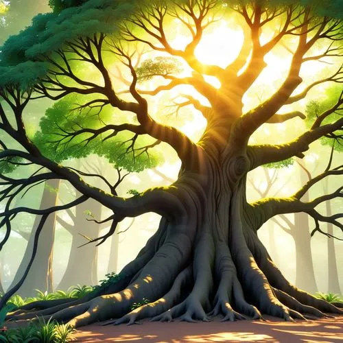 arvore e o sol,a tree that is sitting in the grass,celtic tree,tree of life,flourishing tree,magic tree,cartoon video game background,rosewood tree,Anime,Anime,General