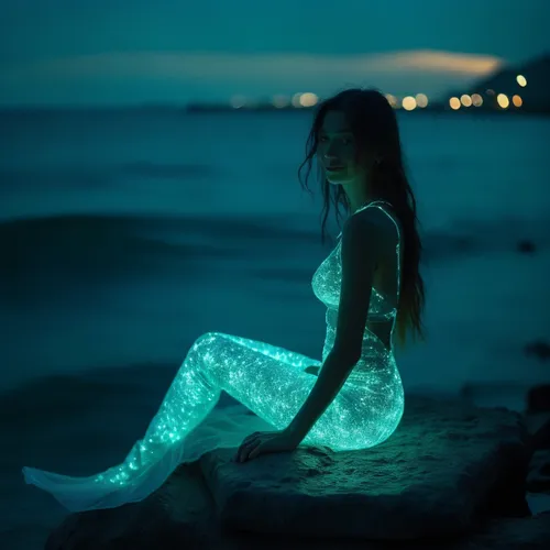 waves gently coming ashore. The mermaid smiling at the camera,bioluminescent,bioluminescence,electroluminescent,phosphorescence,glows,luminous