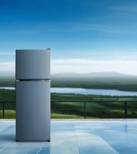 a summit refrigerator standing on a glass with with fruits beside and nature view on the background SAME ON THE PHOTO,a refrigerator on display in front of a landscape,refrigerator,paykel,frigidaire,r