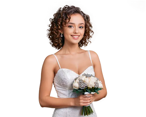 Bride, white wedding dress, curly brown hair, elegant makeup, diamond ring, sparkling engagement ring, slender fingers, holding bouquet, romantic gaze, warm smile, soft focus, golden hour lighting, 3/