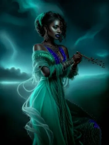 nude Beautiful nigerian girl, full dark curly hair, big green almond eyes, full black lips, misty sky,an african american woman in a green gown,woman playing violin,violin woman,tuatha,woman playing,s