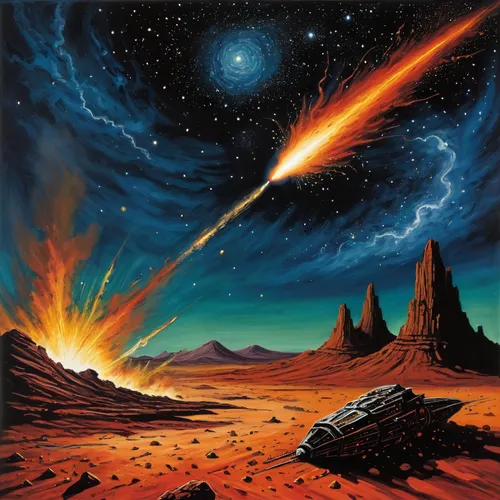 meteor bombarding mars, big bang at the hit place,meteor,meteor rideau,asteroids,meteorite impact,meteorite,asteroid,meteor shower,fire planet,meteoroid,volcanism,space art,perseids,volcanic landscape