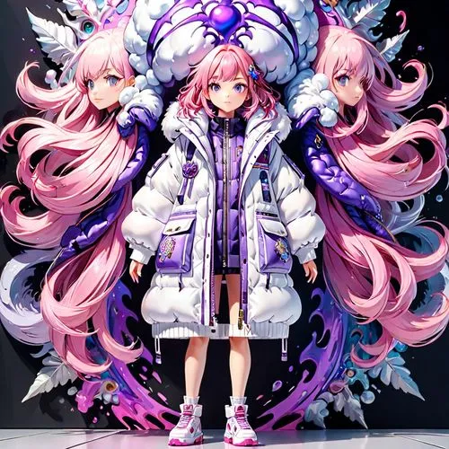 a girl with pink hairs have a white and purple big puffy coat ,a pink haired girl with blonde hair and pinkish dress standing in front of a blue backdrop,kotoka,junko,iruma,parka,walkure,winter clothi