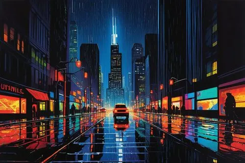 AI Chicago, futuristic cityscape, nighttime, neon lights reflecting off wet pavement, modern skyscrapers, Willis Tower, John Hancock Center, bustling streets, self-driving cars, holographic advertisem