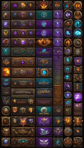 inventory,lunisolar theme,trinkets,set of icons,hoard,collected game assets,world champion rolls,treasure chest,bronze wall,mythic,art nouveau frames,crown icons,scrolls,mod ornaments,icon set,organized,items,main board,apothecary,gold and purple,Illustration,American Style,American Style 07