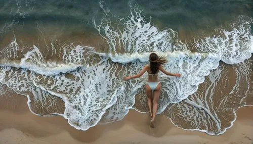 aerial view of beach,drone image,sirene,water waves,drone photo,sand art,Illustration,Realistic Fantasy,Realistic Fantasy 25