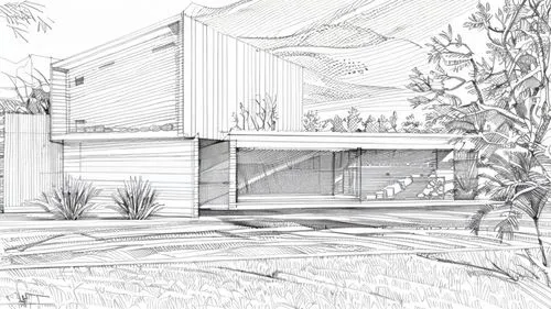 a drawing of a mosque, a tree and birds,sketchup,house drawing,neutra,passivhaus,mid century house,cantilevers,Design Sketch,Design Sketch,Hand-drawn Line Art