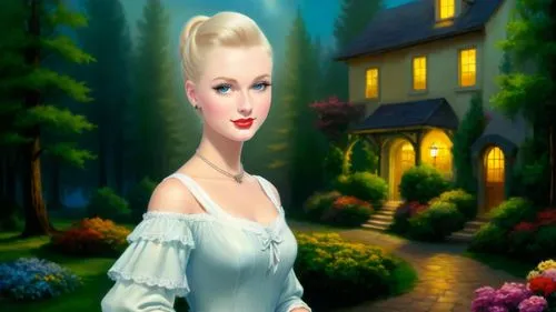 Romantic masterpiece oil painting, cute girl portrait, nostalgic 1950's style kitsch, breathtaking beautiful landscape, majestic natural scenery, warm evening lighting, highly detailed, high res, absu