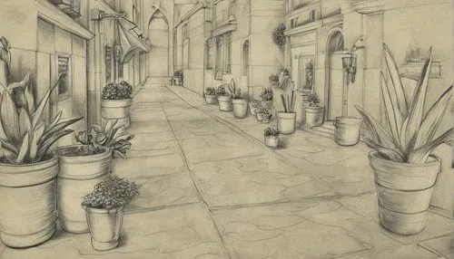 potted plants,cactus line art,pencil drawings,pencil and paper,graphite,pencil drawing,botanical square frame,sidewalk,line drawing,old linden alley,the cobbled streets,alleyway,charcoal drawing,vinta