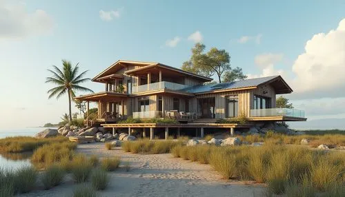 dunes house,3d rendering,stilt houses,holiday villa,beachfront,stilt house,floating huts,oceanfront,beach house,cube stilt houses,render,tropical house,house by the water,dune ridge,beach resort,beachhouse,renders,shorefront,seaside resort,dune grass,Photography,General,Realistic