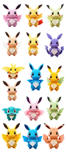 Cute Pokémon, various species, colorful fur/scales, big eyes, smiling faces, dynamic poses, solo, transparent background, soft focus, shallow depth of field, warm lighting, playful atmosphere, 3/4 com