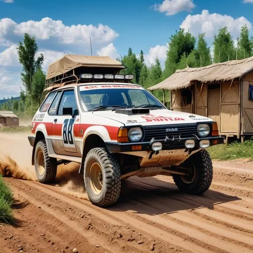 A rally vehicle from the 1990s, with a nice paint job and being on a dirt road with some huts on the sides of the road.,dakar rally,overland,bfgoodrich,rallye,aprc,rallying,hilux,subaru rex,sainz,rall