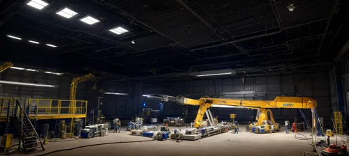 Sfi-fi space ship repair workshop,danger overhead crane,construction area,factory hall,mining facility,construction set,theatre stage,mezzanine,loading crane,contract site,theater stage,the interior o