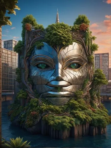 mother earth statue,3d fantasy,moana,floating island,world digital painting,artificial island,a sinking statue of liberty,polynesia,floating islands,png sculpture,poseidon god face,environmental art,flying island,fractalius,mother earth,public art,baku eye,artificial islands,avatar,totem,Photography,General,Fantasy