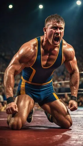 Muscular man, wrestler, athletic build, intense facial expression, sweat droplets, messy short hair, tattoos on arms, wrestling singlet, bold chest, ripped muscles, strong legs, dynamic pose, action-p