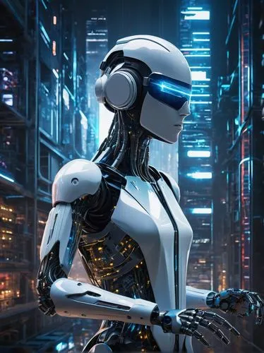 Futuristic, cyberpunk, neon-lit cityscape, skyscraper, metallic, glass, LED lights, circuit boards, wires, motherboards, robots, humanoid, mechanical arms, glowing blue eyes, advanced artificial intel