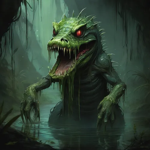 
Sure enough, here it is, a creature from the deepest darkest gorges of the fairy world - the Swamp Splatterer. It is a creature with the head of a crocodile, covered in slime and algae, with huge cro