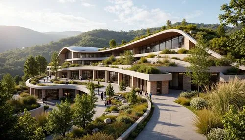 house in the mountains,ecovillages,3d rendering,house in mountains,fresnaye,earthship,render,terraces,rivendell,ecovillage,dunes house,holiday villa,tropical house,futuristic architecture,roof landscape,forest house,ecotopia,beautiful home,luxury property,building valley