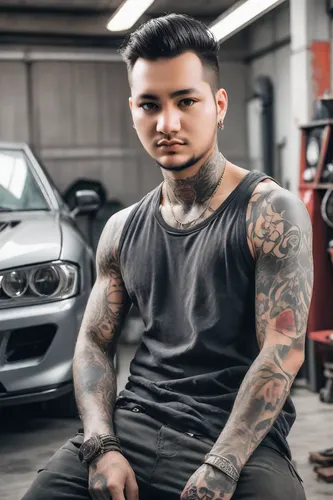 A stylish modern gangster who has tattoos and is an emo with cars in a garage,car mechanic,auto mechanic,carbossiterapia,mechanic,car repair,automotive care,with tattoo,car salon,auto repair,car care,